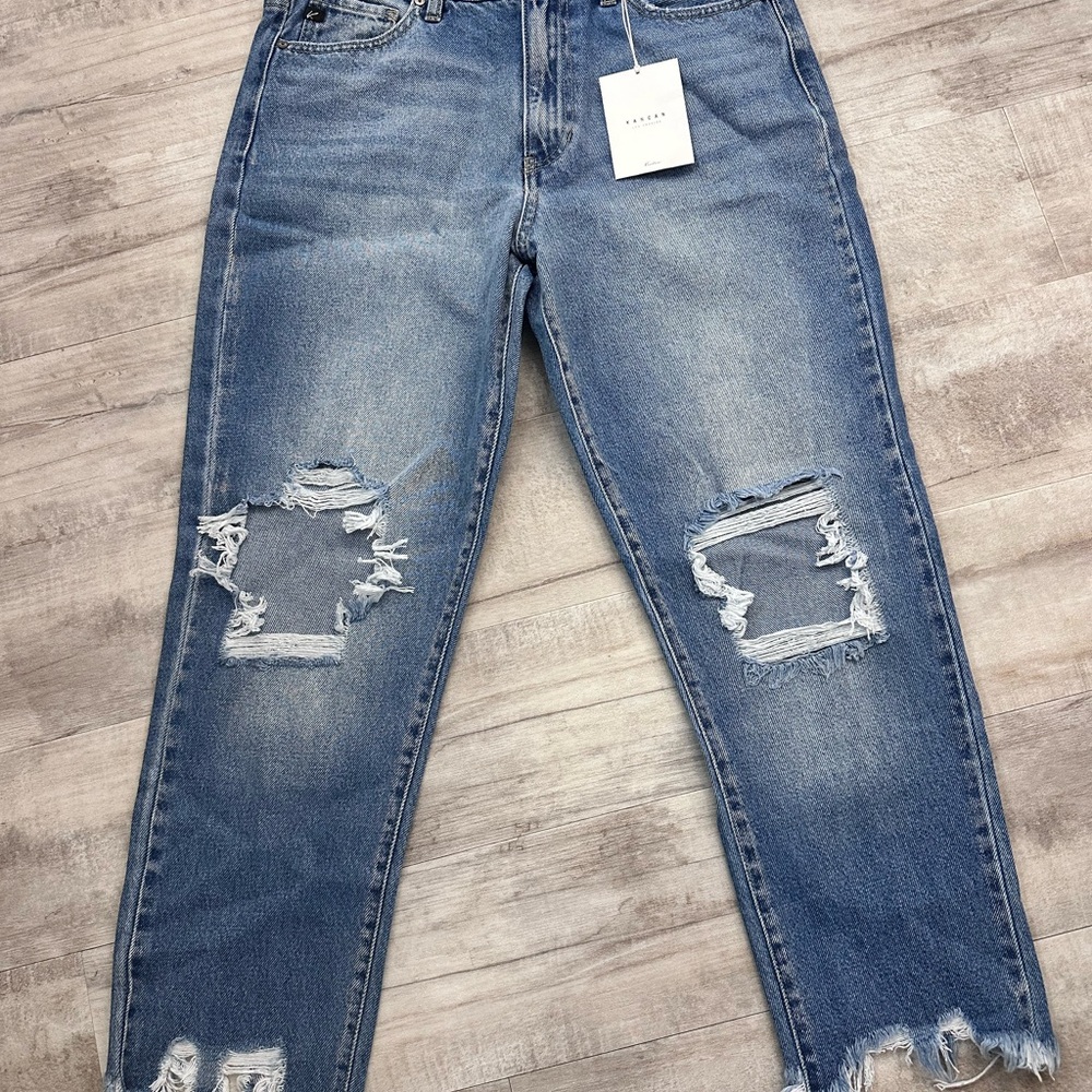 KanCan Light Blue Distressed “Mom” jeans- high waisted, relaxed thigh, tapered
